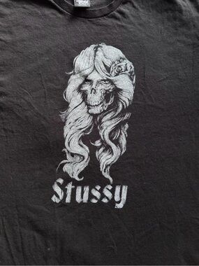 Stussy Black Tee with White Skull Woman Graphic